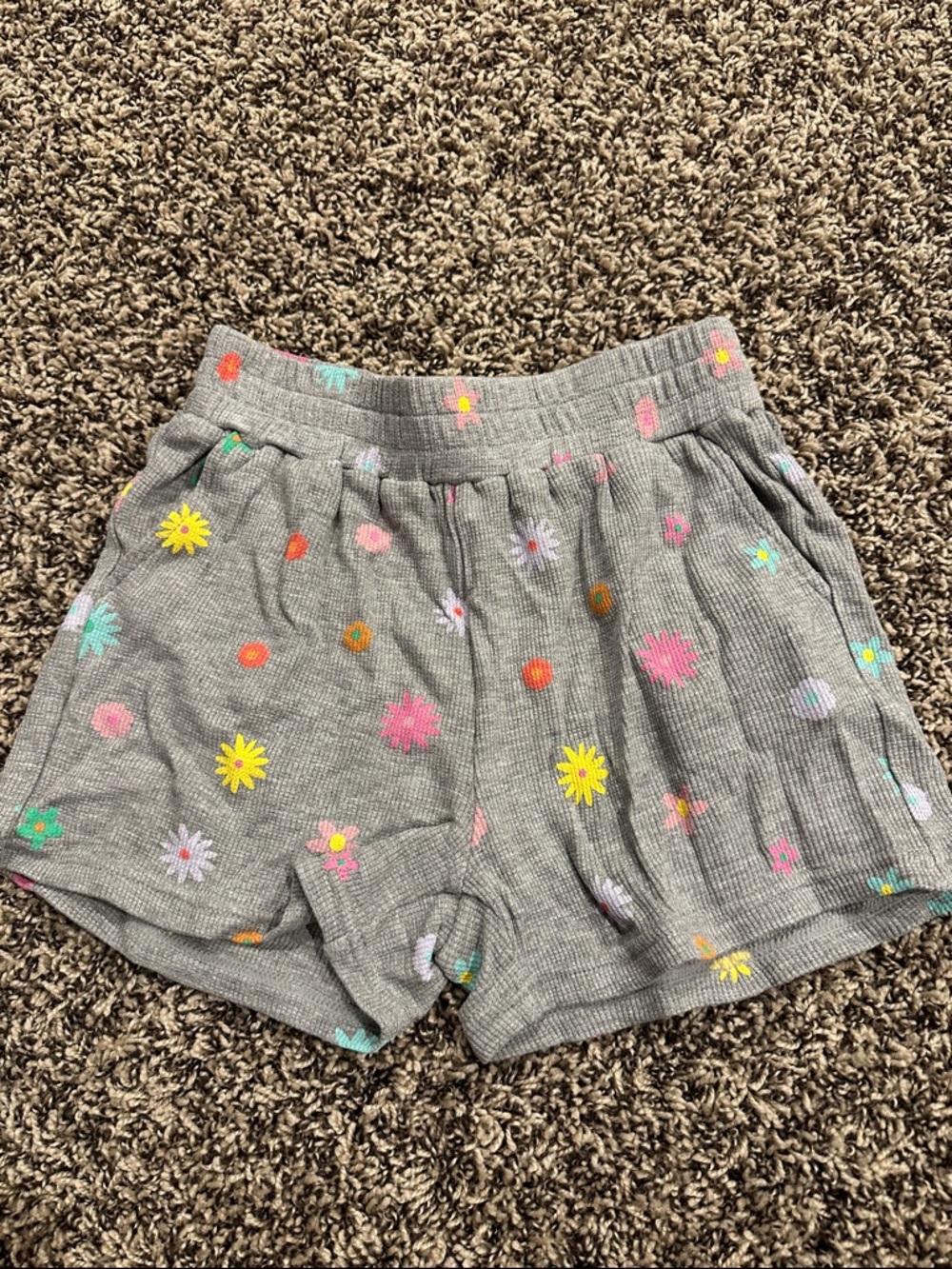 Chaser Gray Knit Shorts with Multicolor Daisy Accents